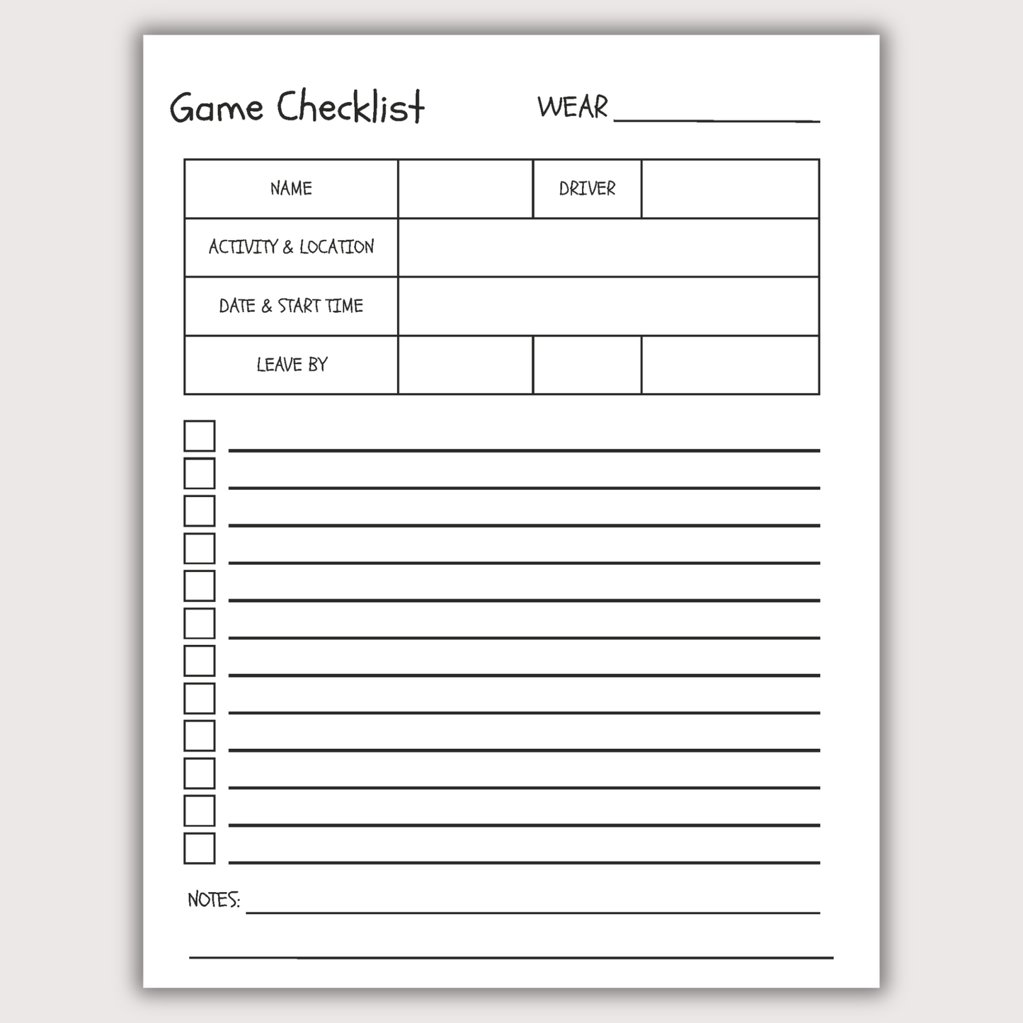 Sports Checklist (Digital Download)