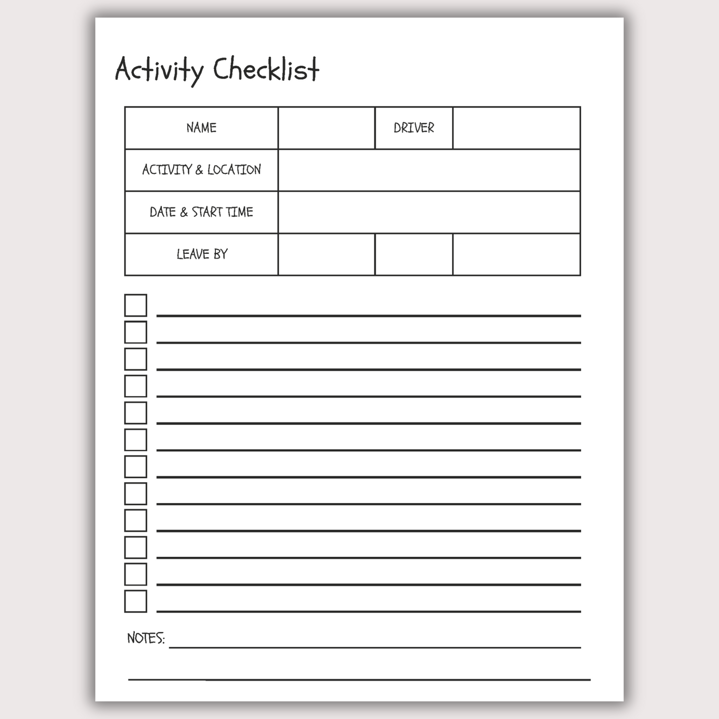 Sports Checklist (Digital Download)